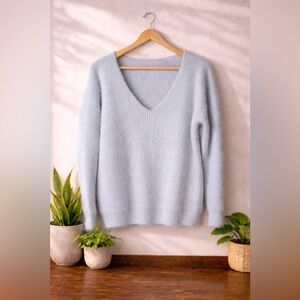 AKIRA Fuzzy V-Neck Sweater M/L Light Blue Soft Knit Pullover